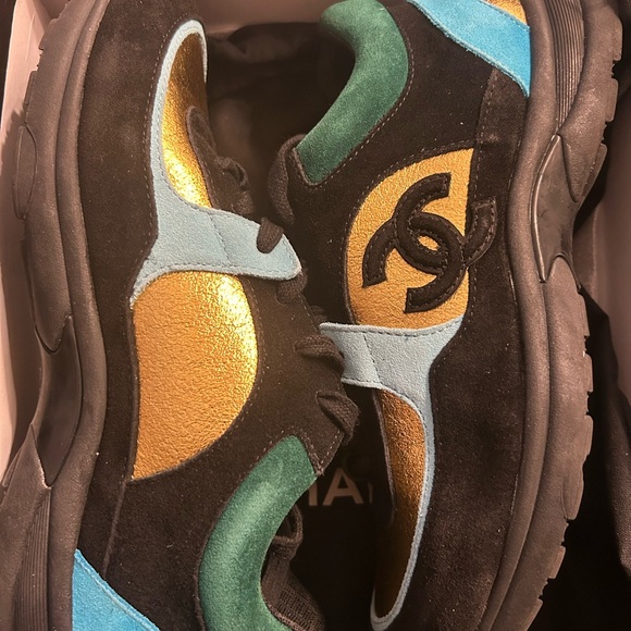 CHANEL Black and Gold Sneakers with Chunky Sole - Picture 1 of 8